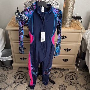 SBart kids girls full body zip up Floral Navy and Pink wet/swim suit US sz M